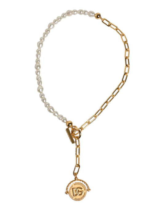 Dolce & Gabbana Gold Chain Brass Faux Pearl Charm Logo Pendant Women's Necklace ()