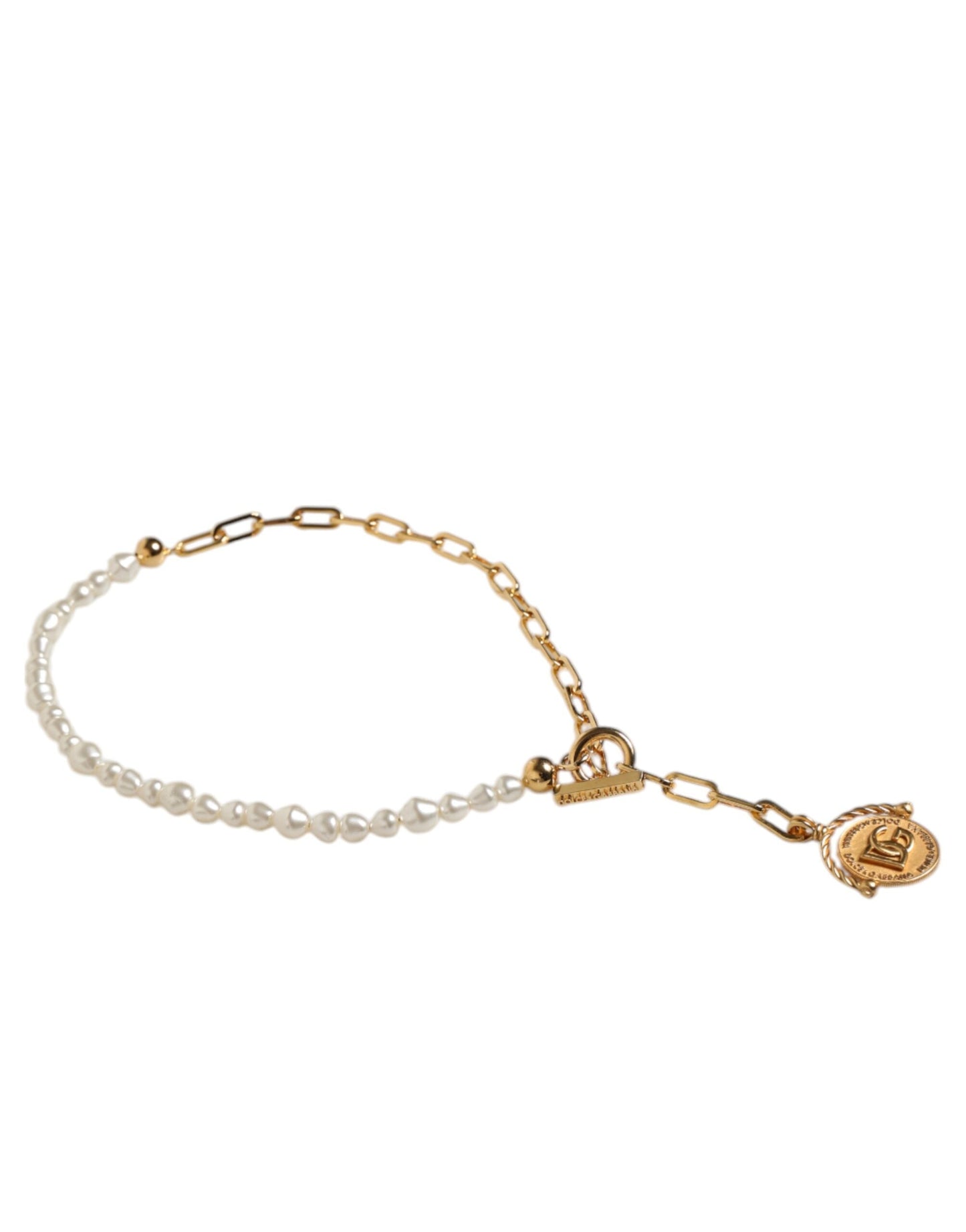 Dolce & Gabbana Gold Chain Brass Faux Pearl Charm Logo Pendant Women's Necklace ()