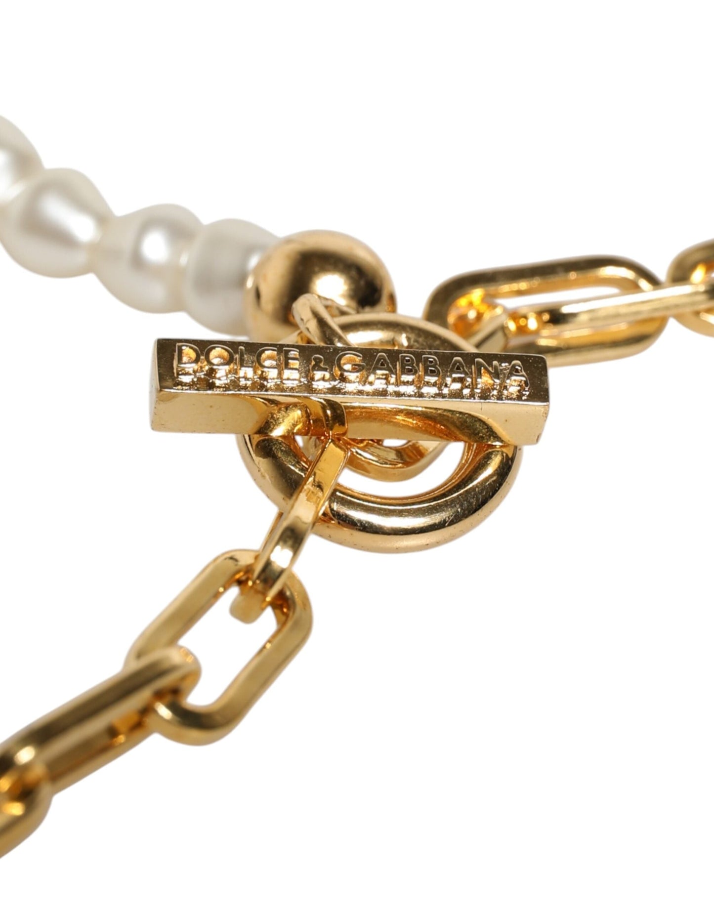 Dolce & Gabbana Gold Chain Brass Faux Pearl Charm Logo Pendant Women's Necklace ()