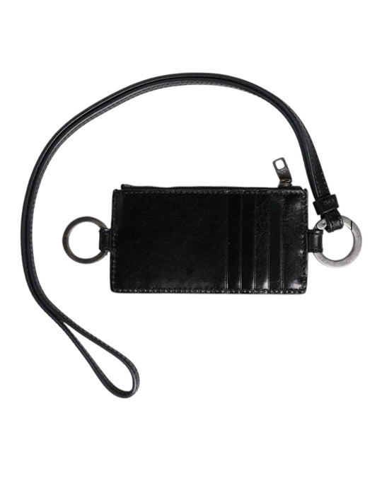 Dolce & Gabbana Black Leather Logo Embossed Lanyard Card Holder Men's Wallet