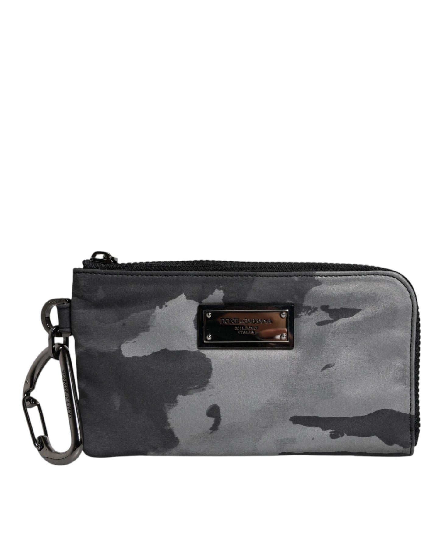 Dolce & Gabbana Black Gray Camouflage Logo Plaque Keyring Pouch Men's Bag