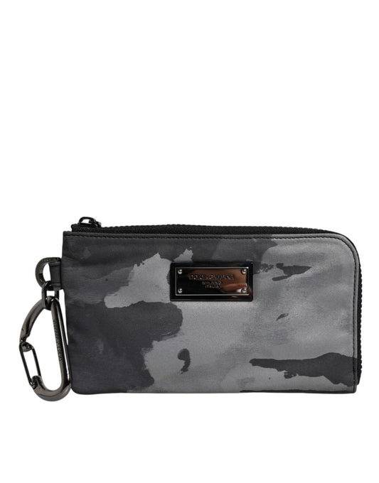 Dolce & Gabbana Black Gray Camouflage Logo Plaque Keyring Pouch Men's Bag