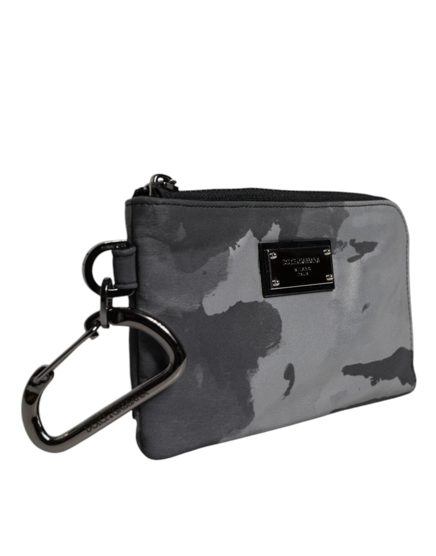 Dolce & Gabbana Black Gray Camouflage Logo Plaque Keyring Pouch Men's Bag