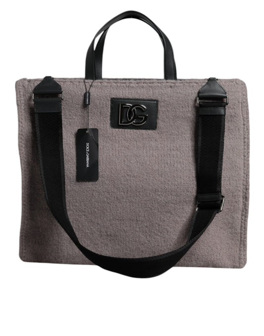 Dolce & Gabbana Grey Alpaca Wool Logo Plaque Tote Shoulder Men's Bag