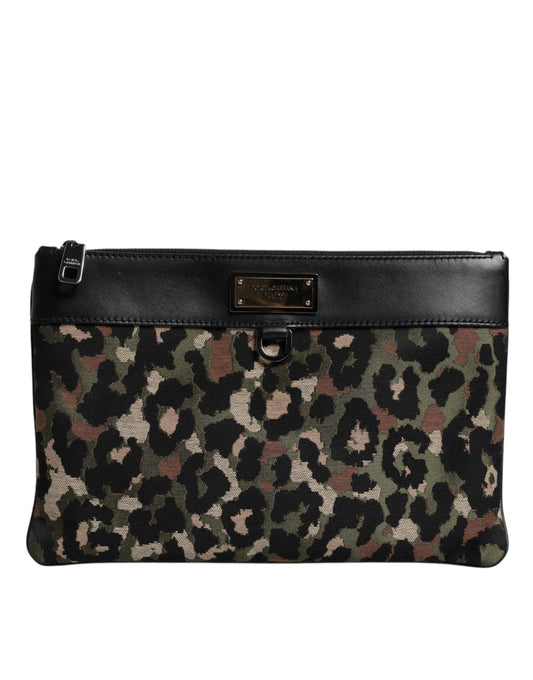 Dolce & Gabbana Multicolor Leopard Jacquard Print Logo Plaque Pouch Men's Bag