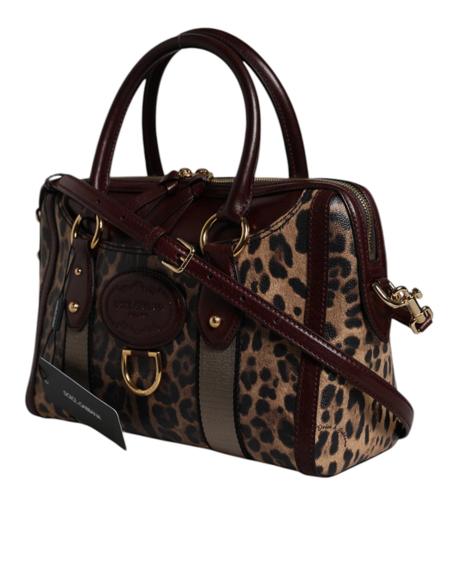 Dolce & Gabbana Brown Leopard Leather Shoulder Strap Duffle Women's Bag