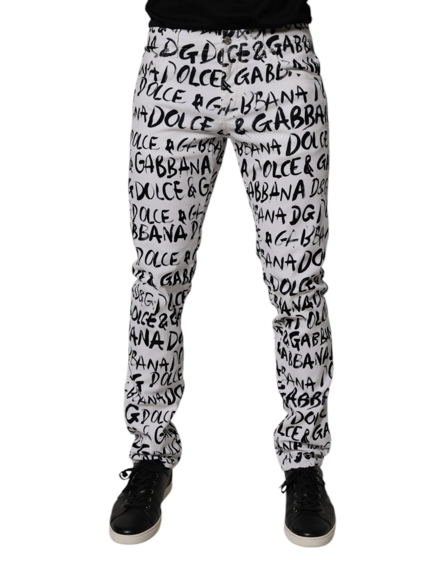 Dolce & Gabbana White Cotton Logo Print Skinny Denim Men's Jeans