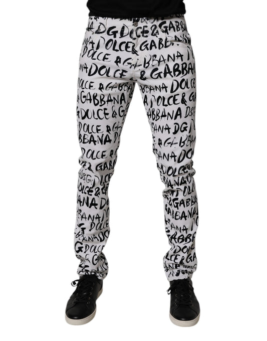 Dolce & Gabbana White Cotton Logo Print Skinny Denim Men's Jeans