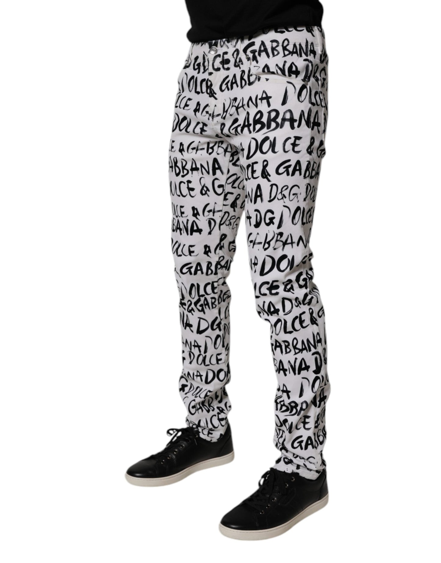 Dolce & Gabbana White Cotton Logo Print Skinny Denim Men's Jeans