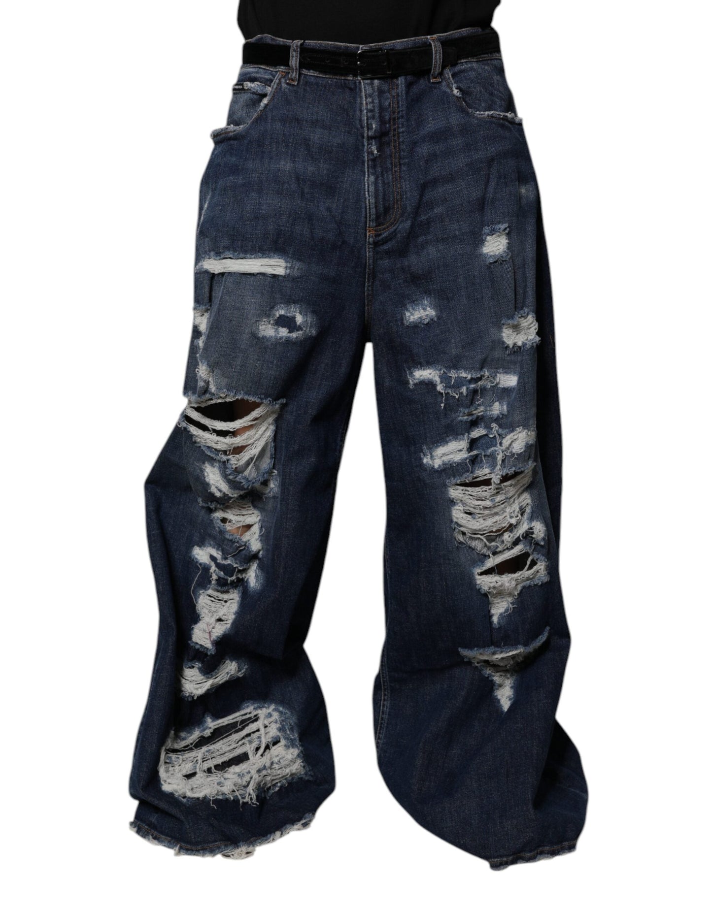 Dolce & Gabbana Dark Blue Tattered Wide Leg Men Denim Men's Jeans