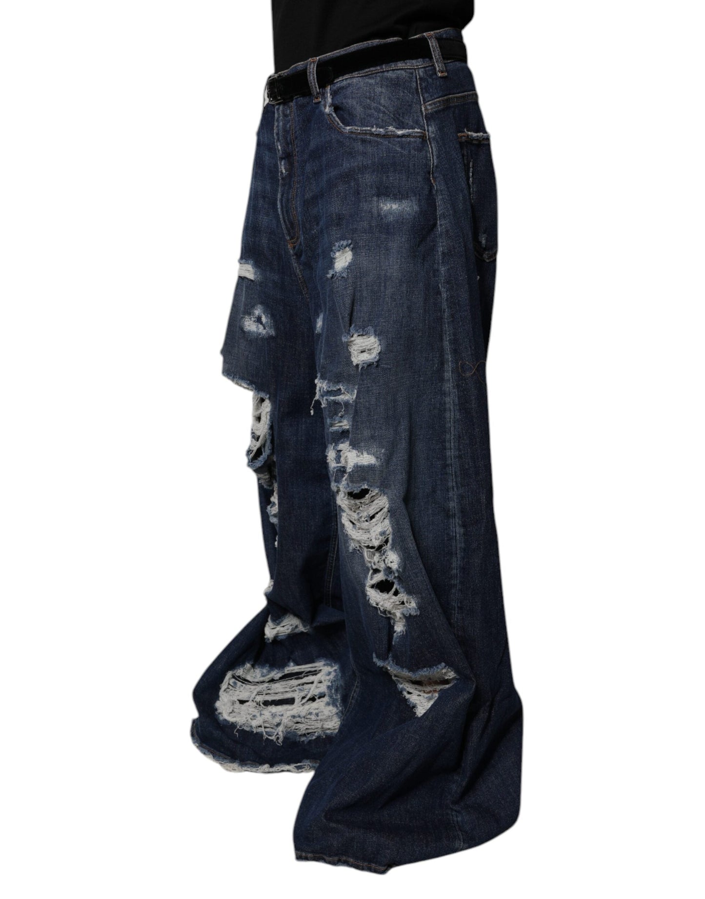 Dolce & Gabbana Dark Blue Tattered Wide Leg Men Denim Men's Jeans