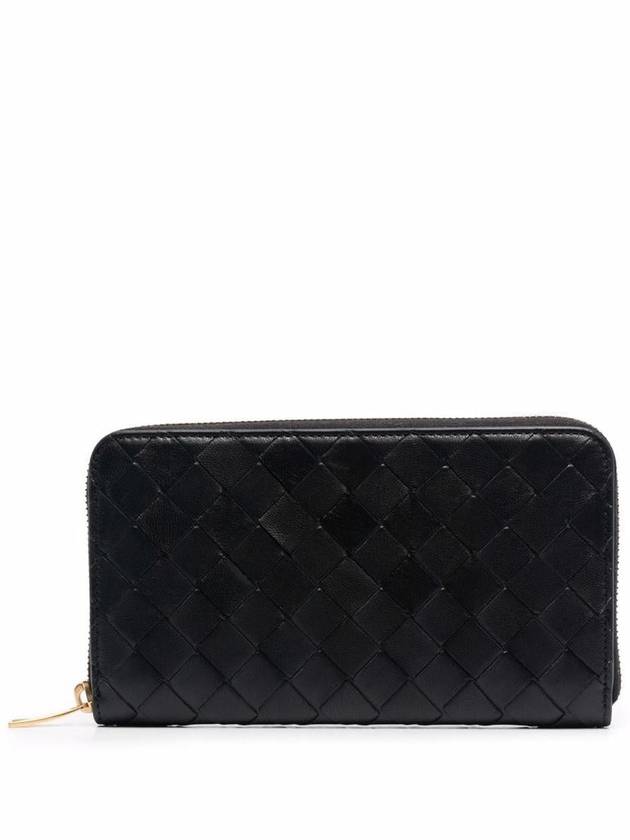 Bottega Veneta Intrecciato Zipper Around Closure Leather Long Wallet Black