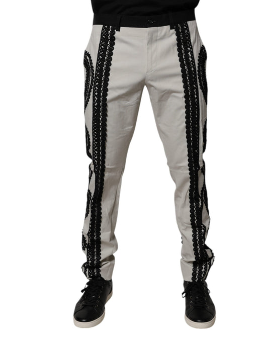 Dolce & Gabbana White Lace Trim Mid Waist Dress Formal Men's Pants