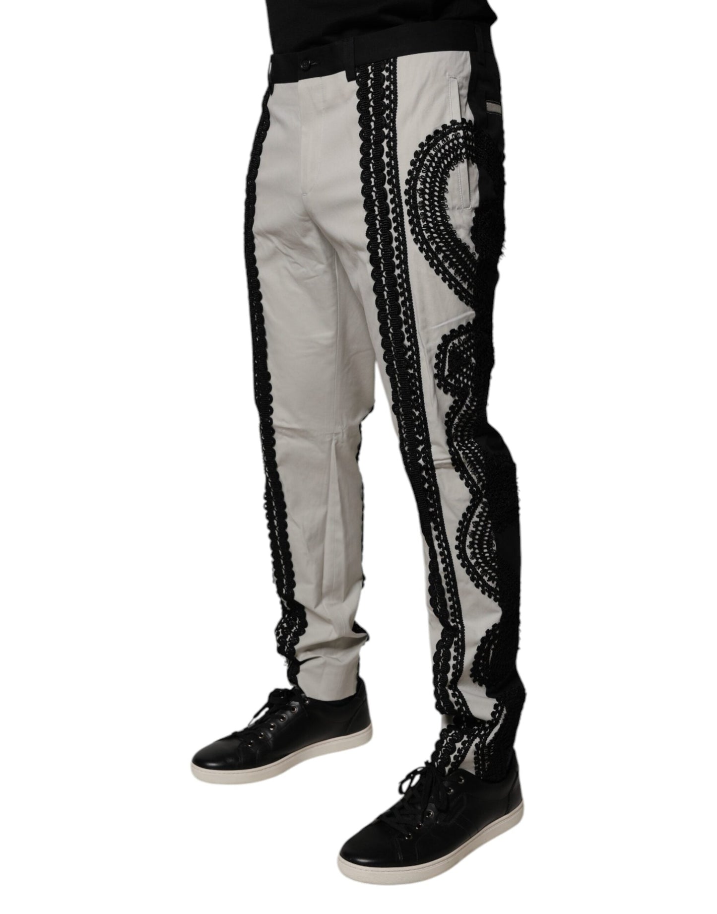 Dolce & Gabbana White Lace Trim Mid Waist Dress Formal Men's Pants