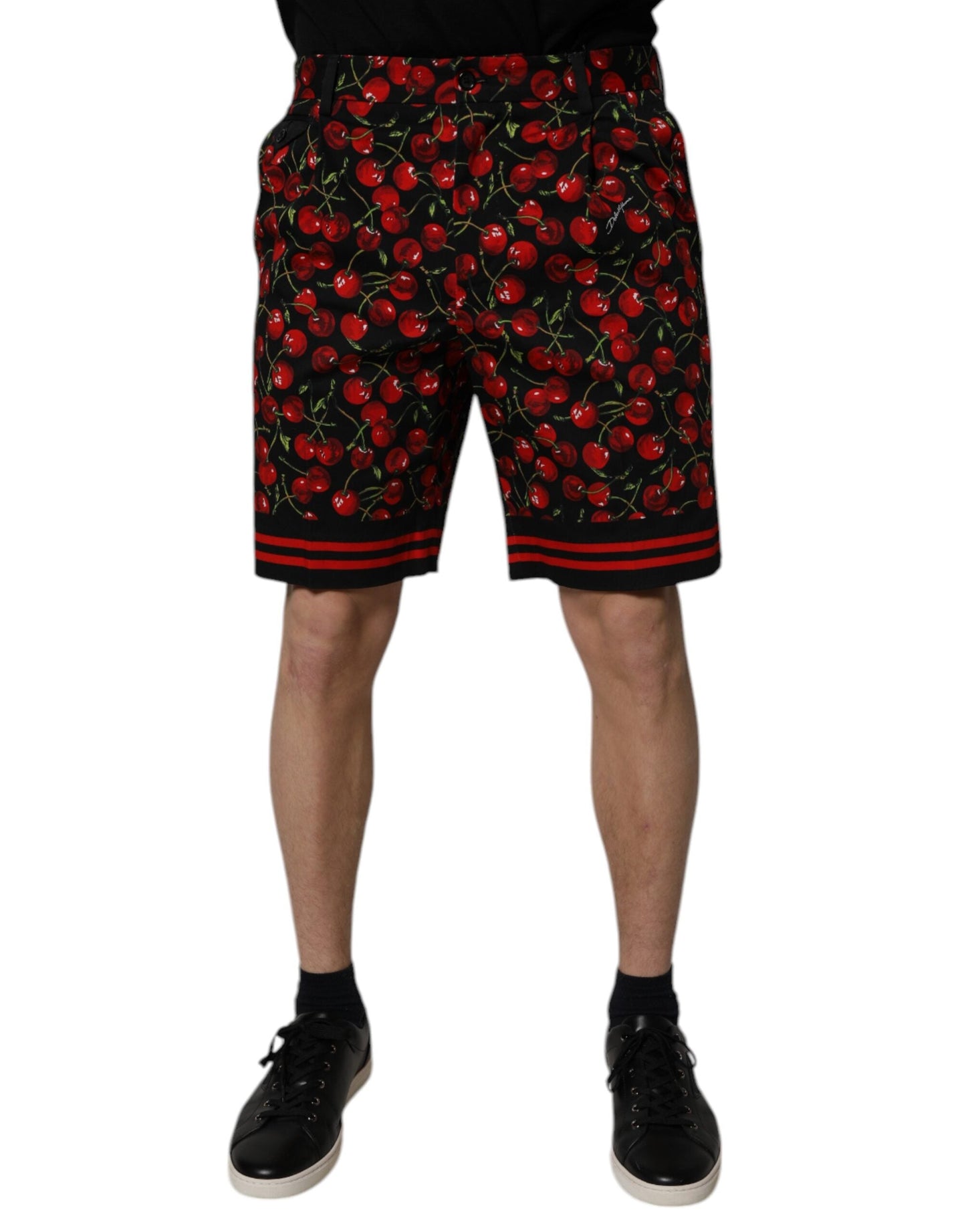 Dolce & Gabbana Black Red Cherry Print Bermuda Cotton Men's Shorts