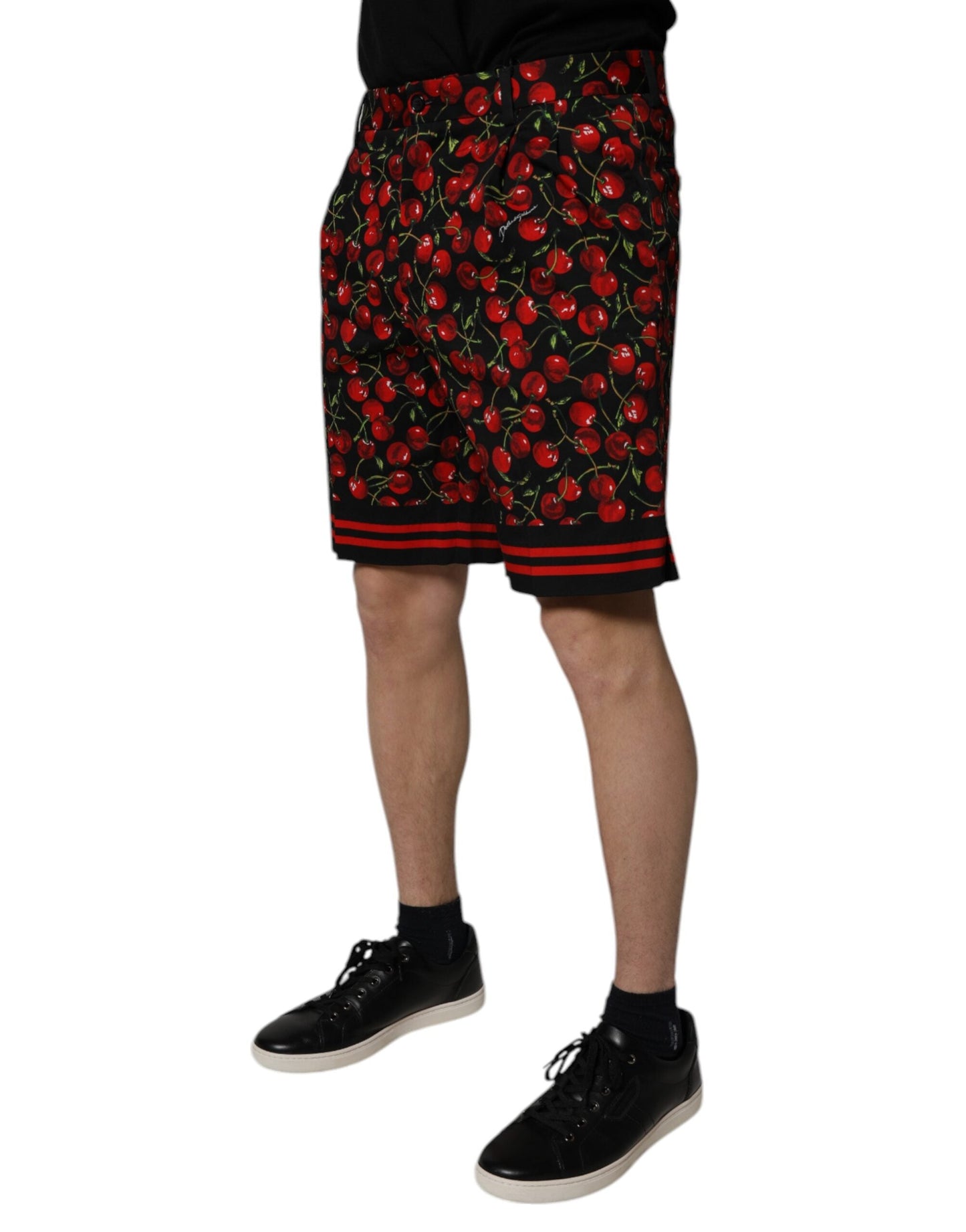Dolce & Gabbana Black Red Cherry Print Bermuda Cotton Men's Shorts