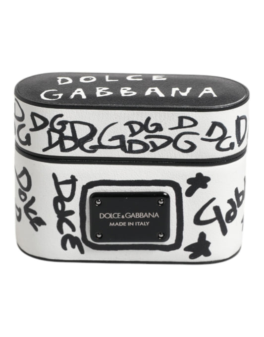 Dolce & Gabbana Black White Leather Scribble Embossed Logo Airpods Men's Case