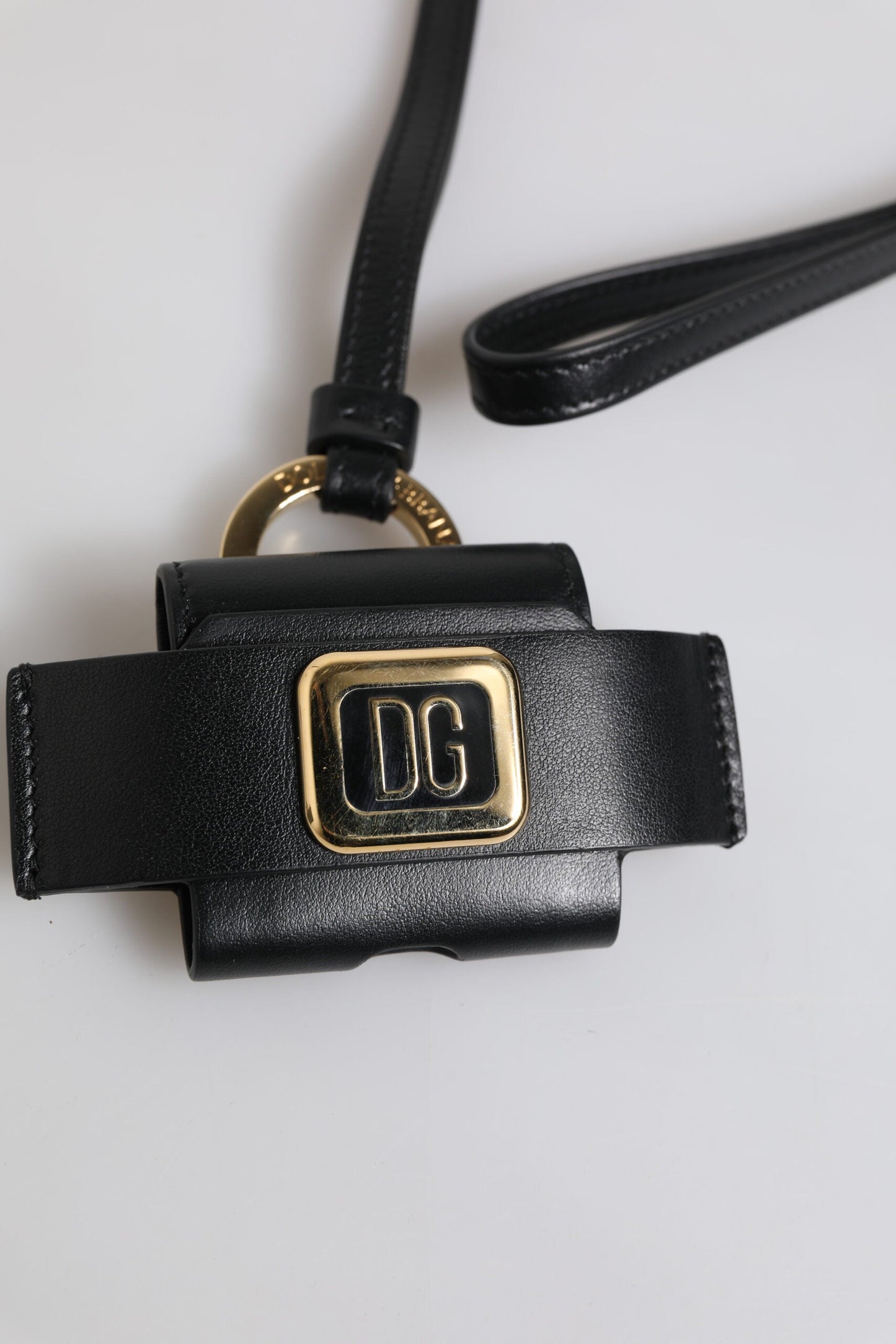 Dolce & Gabbana Black Leather Strap Gold Metal Logo Plaque Airpods Men's Case