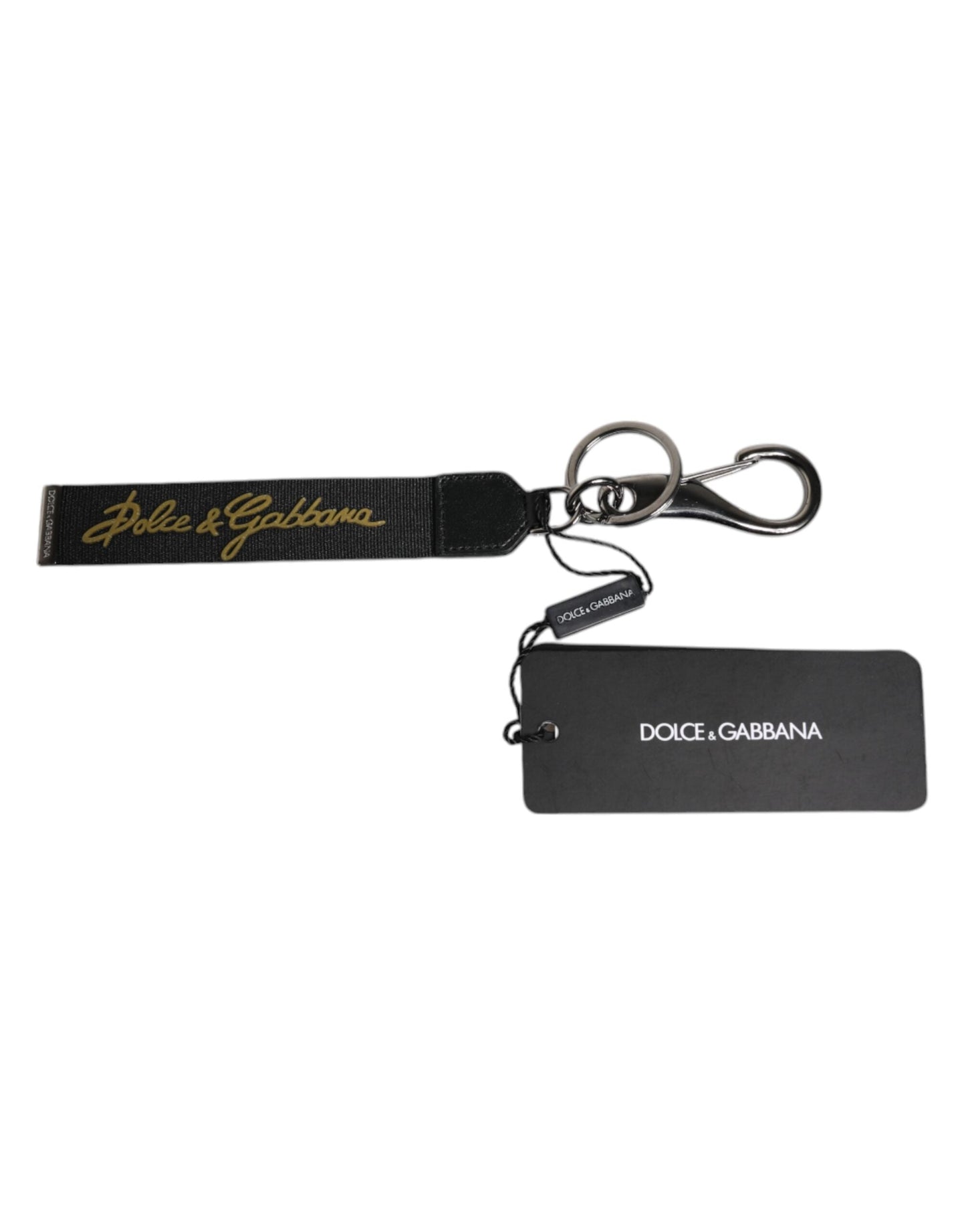 Dolce & Gabbana Black Logo Nylon Silver Brass Men Holder Keychain Men's Keyring