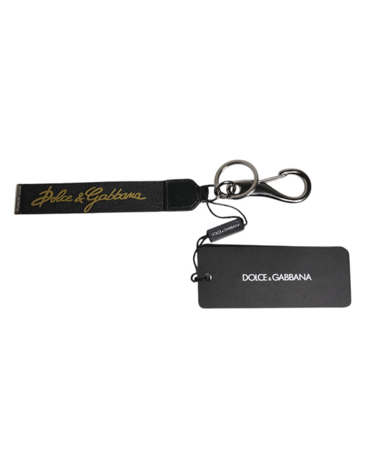 Dolce & Gabbana Black Logo Nylon Silver Brass Men Holder Keychain Men's Keyring