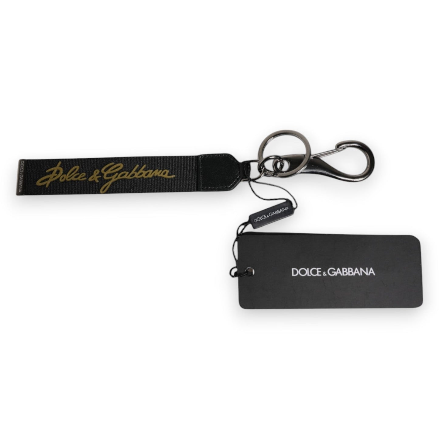 Dolce & Gabbana Black Logo Nylon Silver Brass Men Holder Keychain Men's Keyring