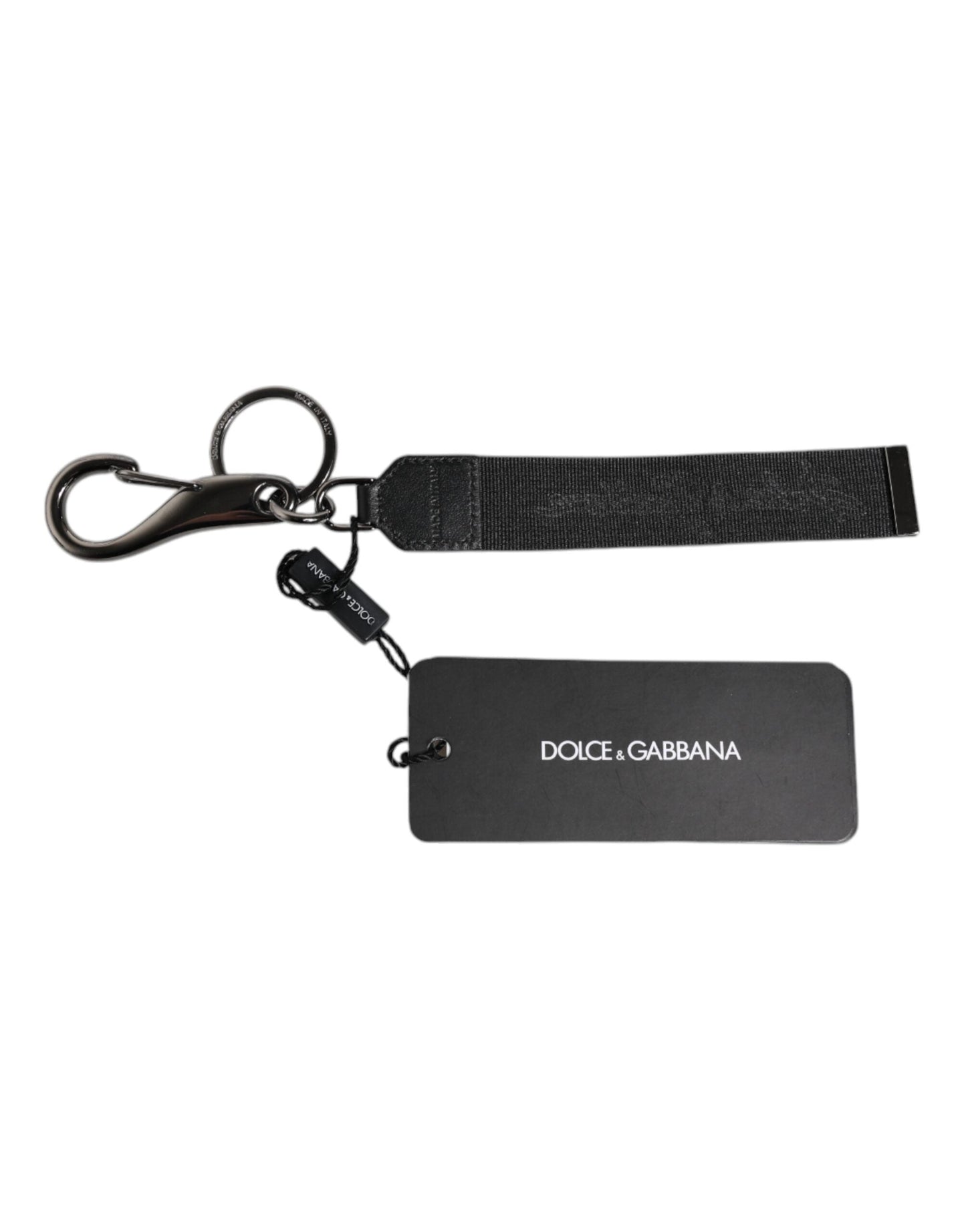 Dolce & Gabbana Black Logo Nylon Silver Brass Men Holder Keychain Men's Keyring