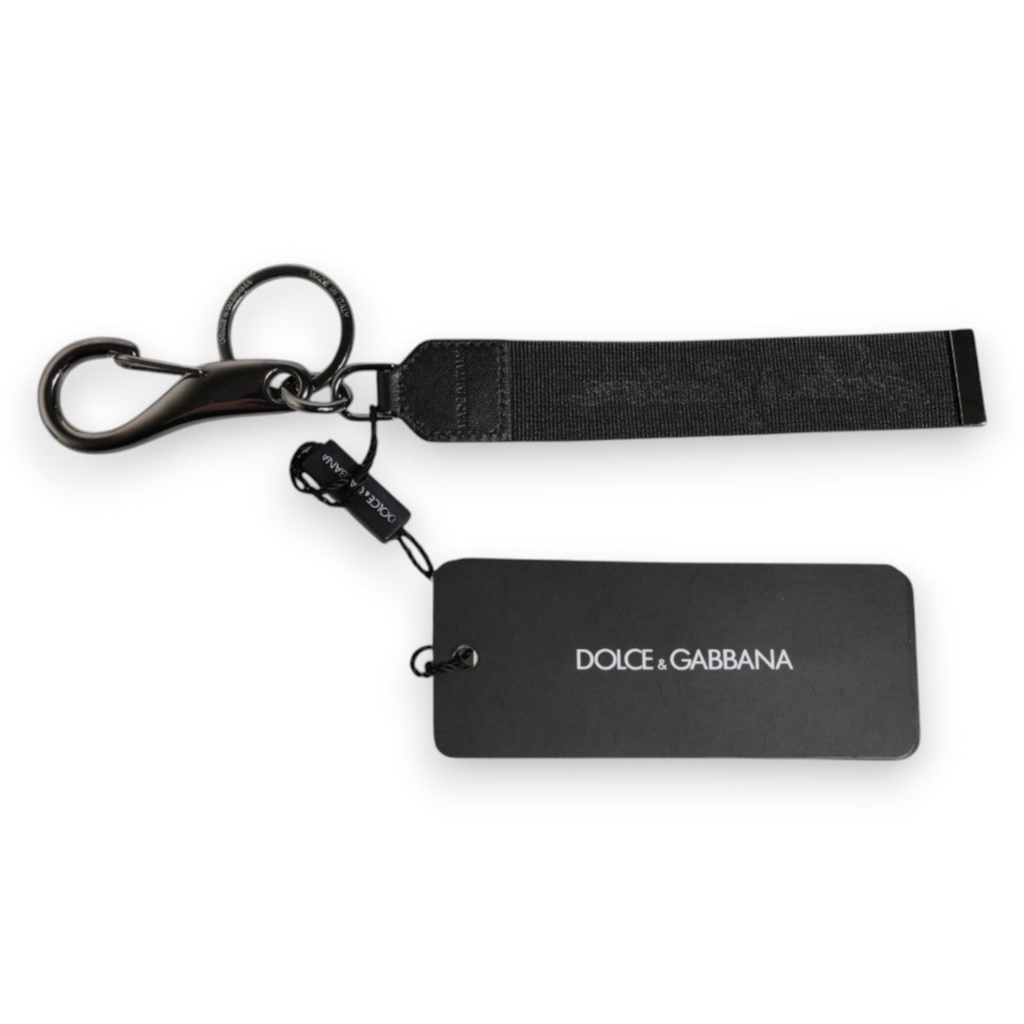 Dolce & Gabbana Black Logo Nylon Silver Brass Men Holder Keychain Men's Keyring