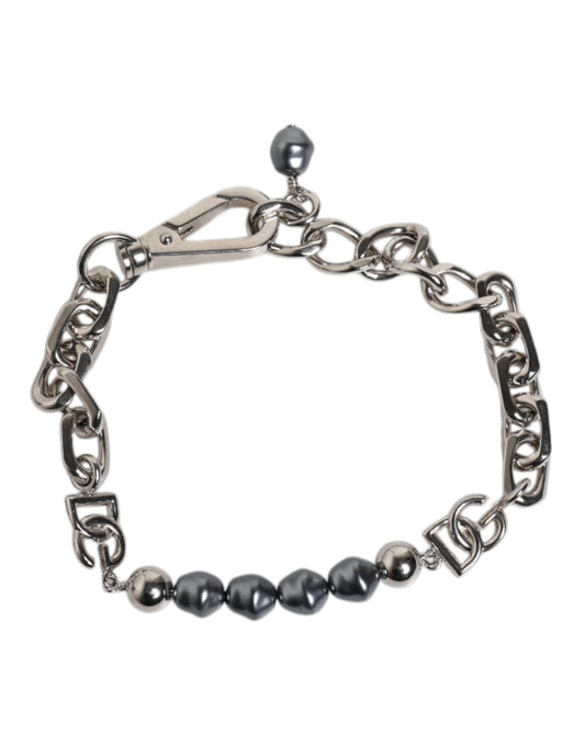 Dolce & Gabbana Silver Tone Chain Lobster Clasp Logo Gray Pearls Men's Bracelet