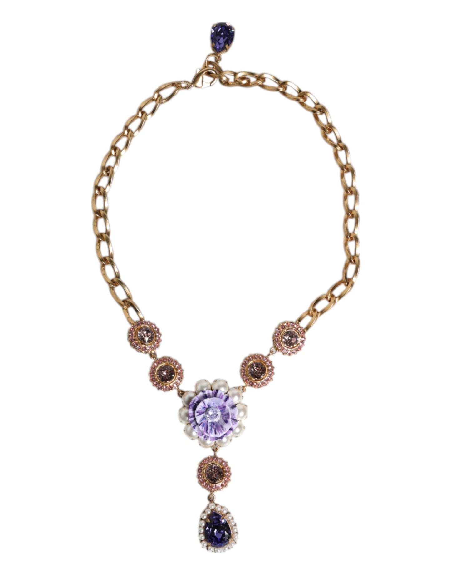 Dolce & Gabbana Gold Brass Floral Crystals Pearl Embellished Women's Necklace ()