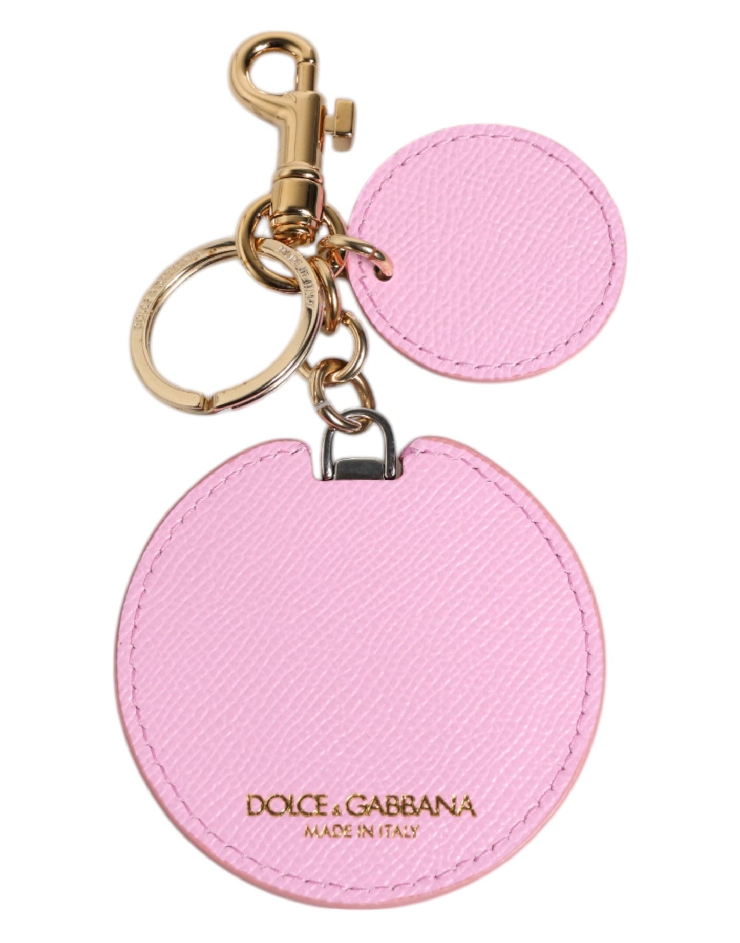 Dolce & Gabbana Pink Calf Leather Gold Metal Logo Print Keyring Women's Keychain