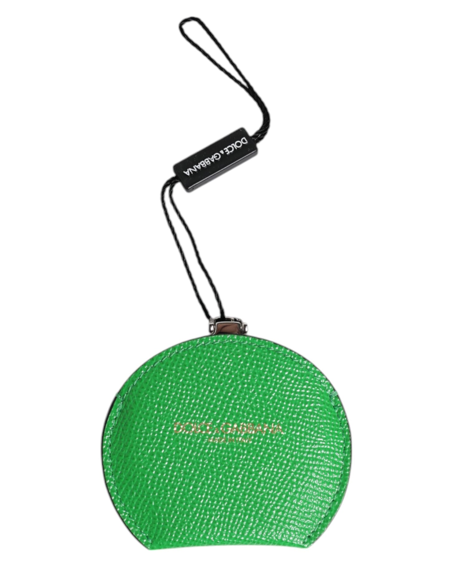 Dolce & Gabbana Green Calfskin Leather Round Logo Hand Mirror Women's Holder