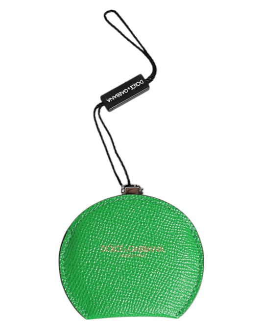 Dolce & Gabbana Green Calfskin Leather Round Logo Hand Mirror Women's Holder