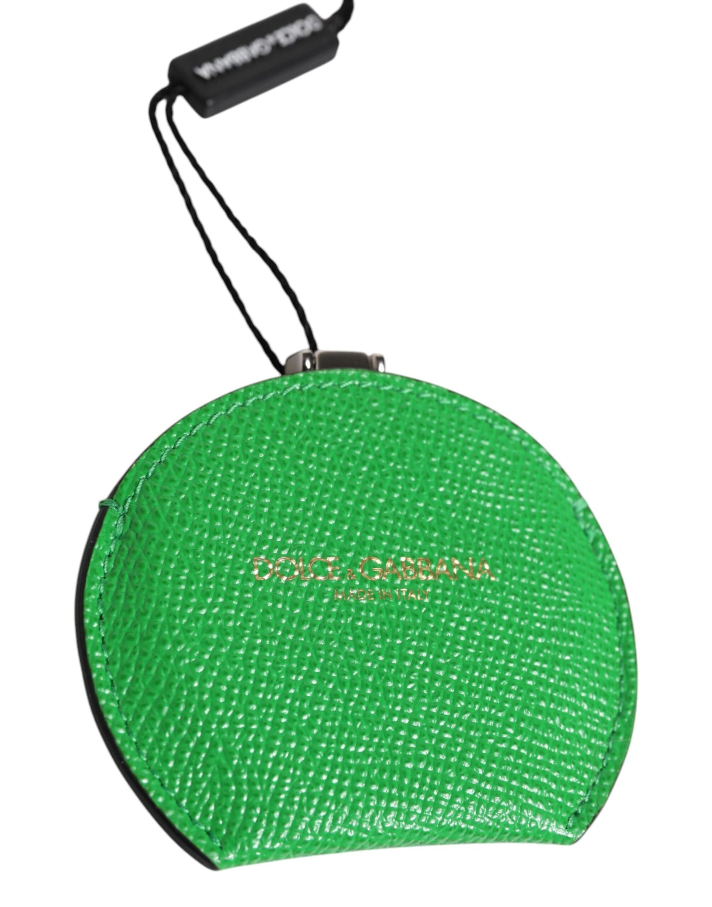 Dolce & Gabbana Green Calfskin Leather Round Logo Hand Mirror Women's Holder