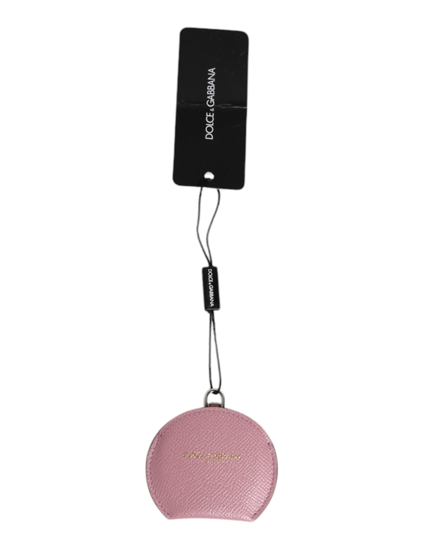 Dolce & Gabbana Pink Calfskin Leather Round Logo Hand Mirror Women's Holder