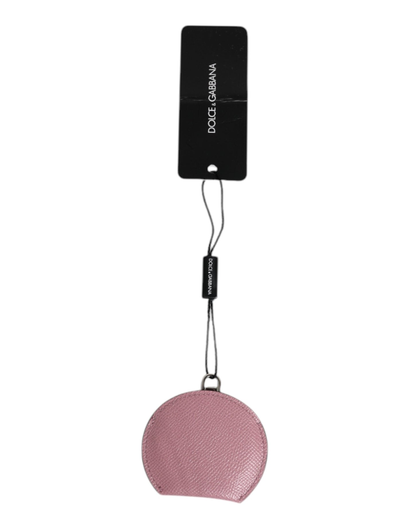 Dolce & Gabbana Pink Calfskin Leather Round Logo Hand Mirror Women's Holder