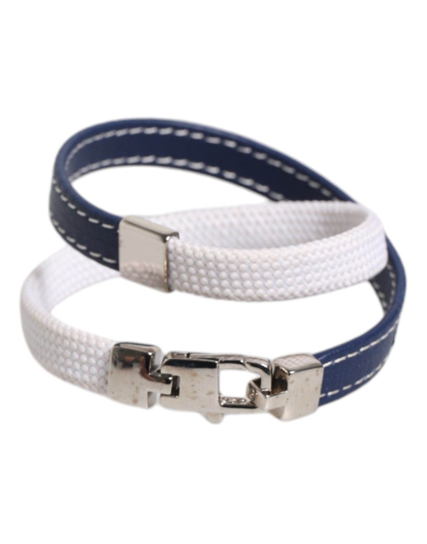 Dolce & Gabbana Blue White Leather Trimmed DG Engraved Silver Tone Clasp Women's Bracelet ()