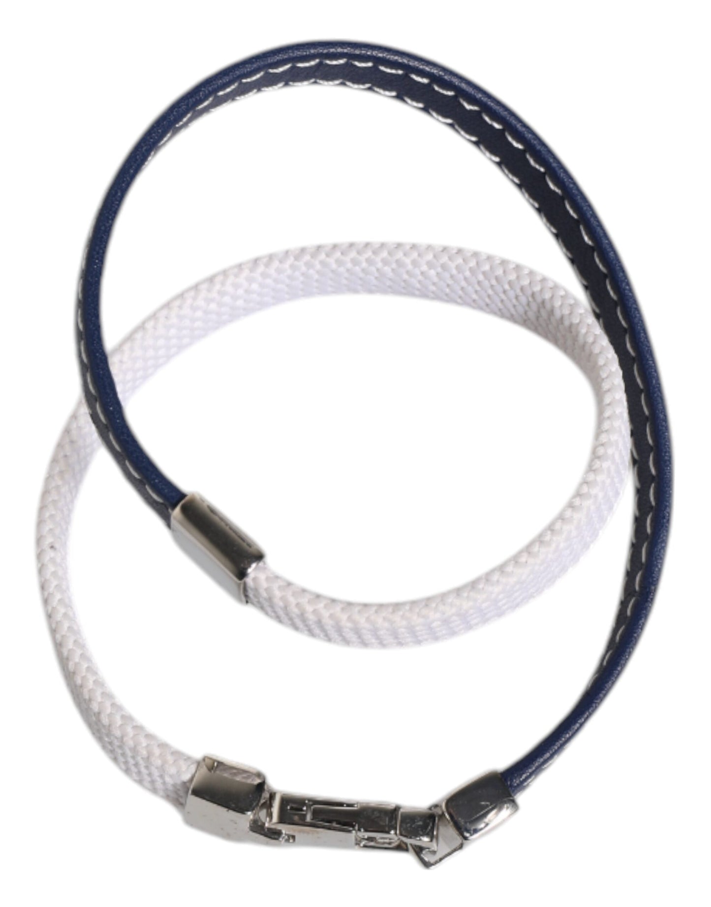 Dolce & Gabbana Blue White Leather Trimmed DG Engraved Silver Tone Clasp Women's Bracelet ()