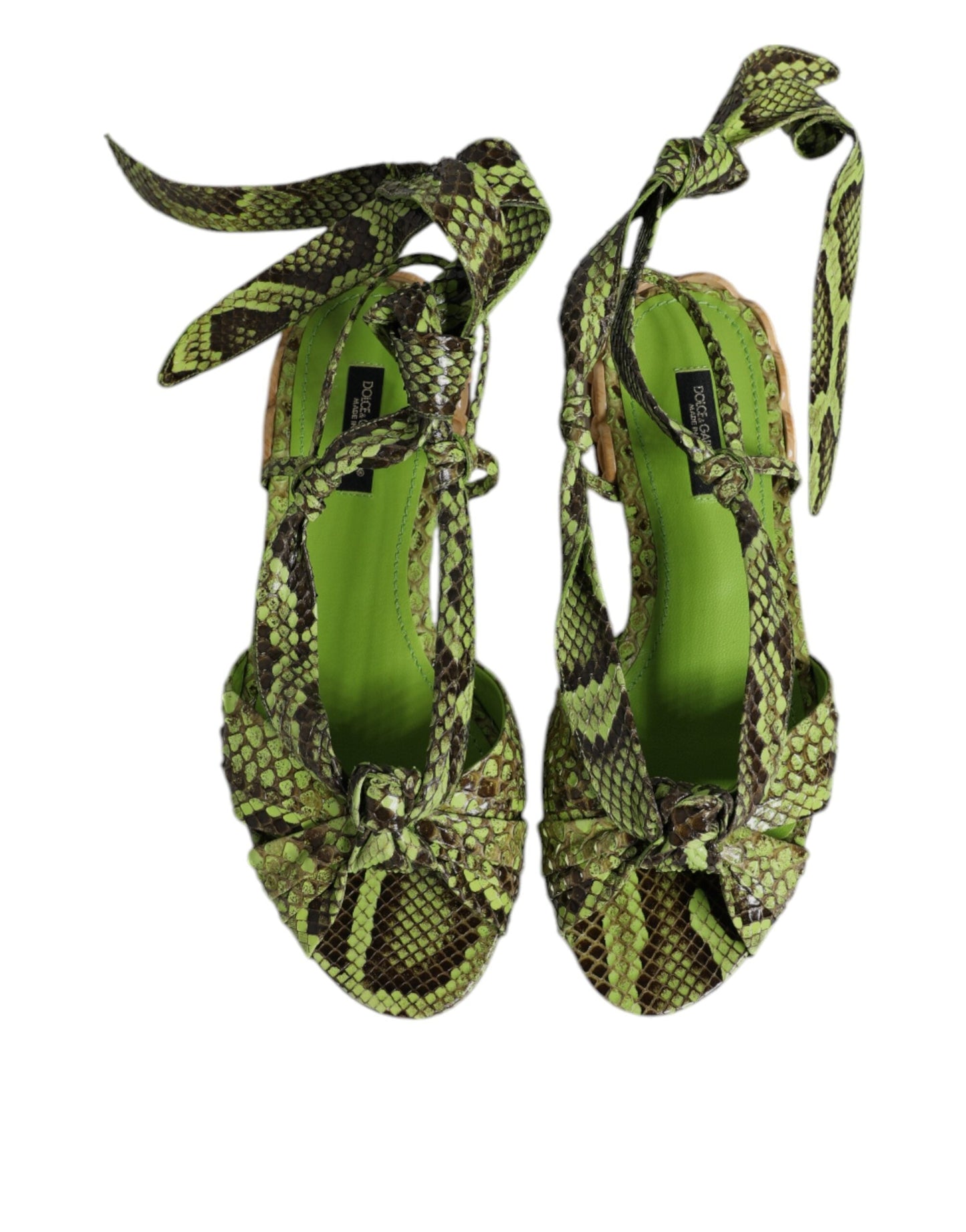 Dolce & Gabbana Green Animal Print Ankle Wrap Sandals Women's Shoes