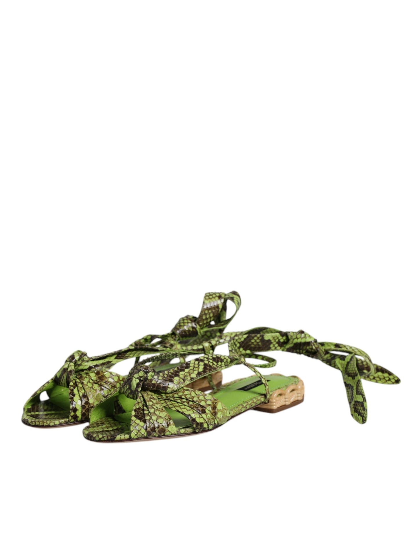 Dolce & Gabbana Green Animal Print Ankle Wrap Sandals Women's Shoes