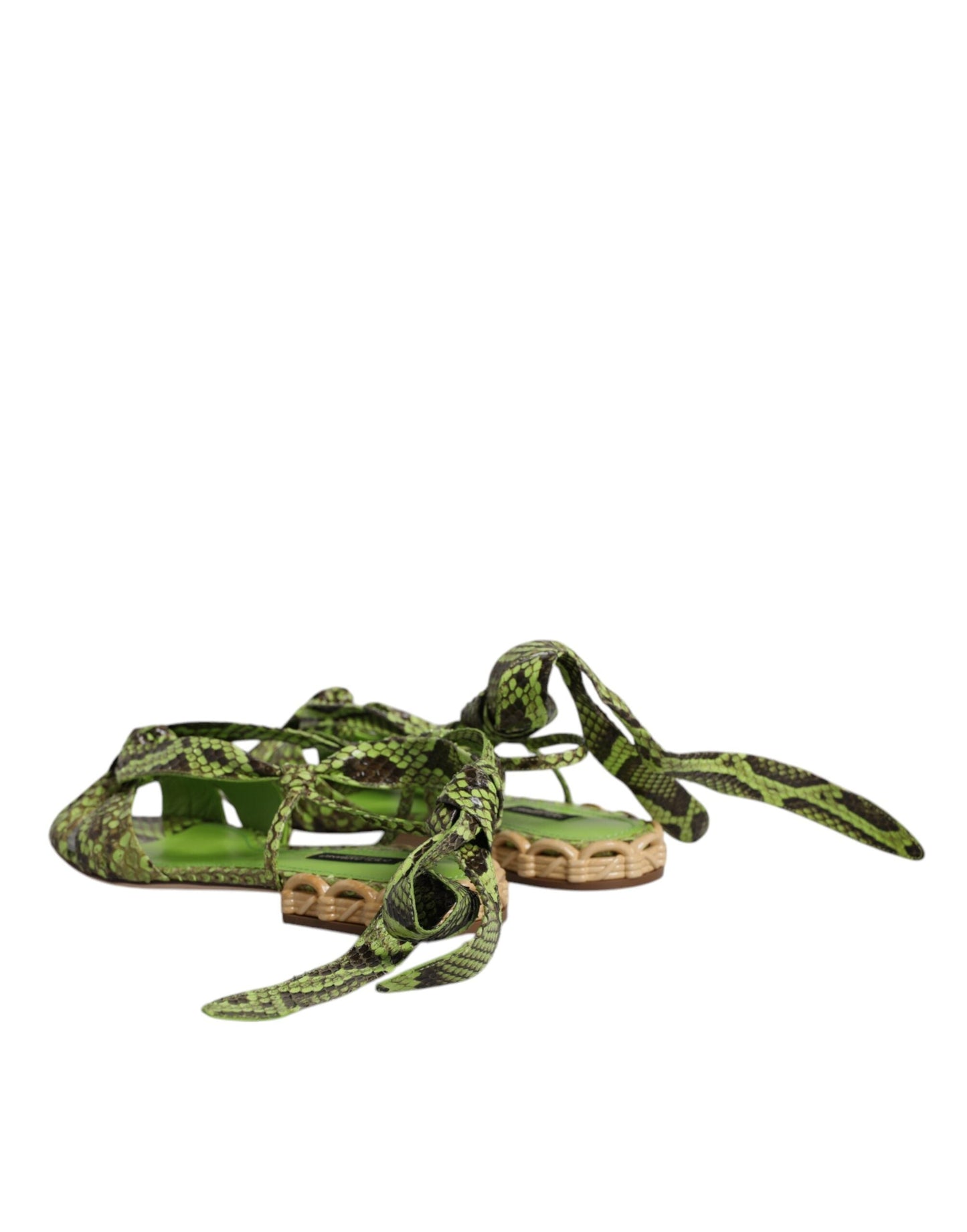 Dolce & Gabbana Green Animal Print Ankle Wrap Sandals Women's Shoes