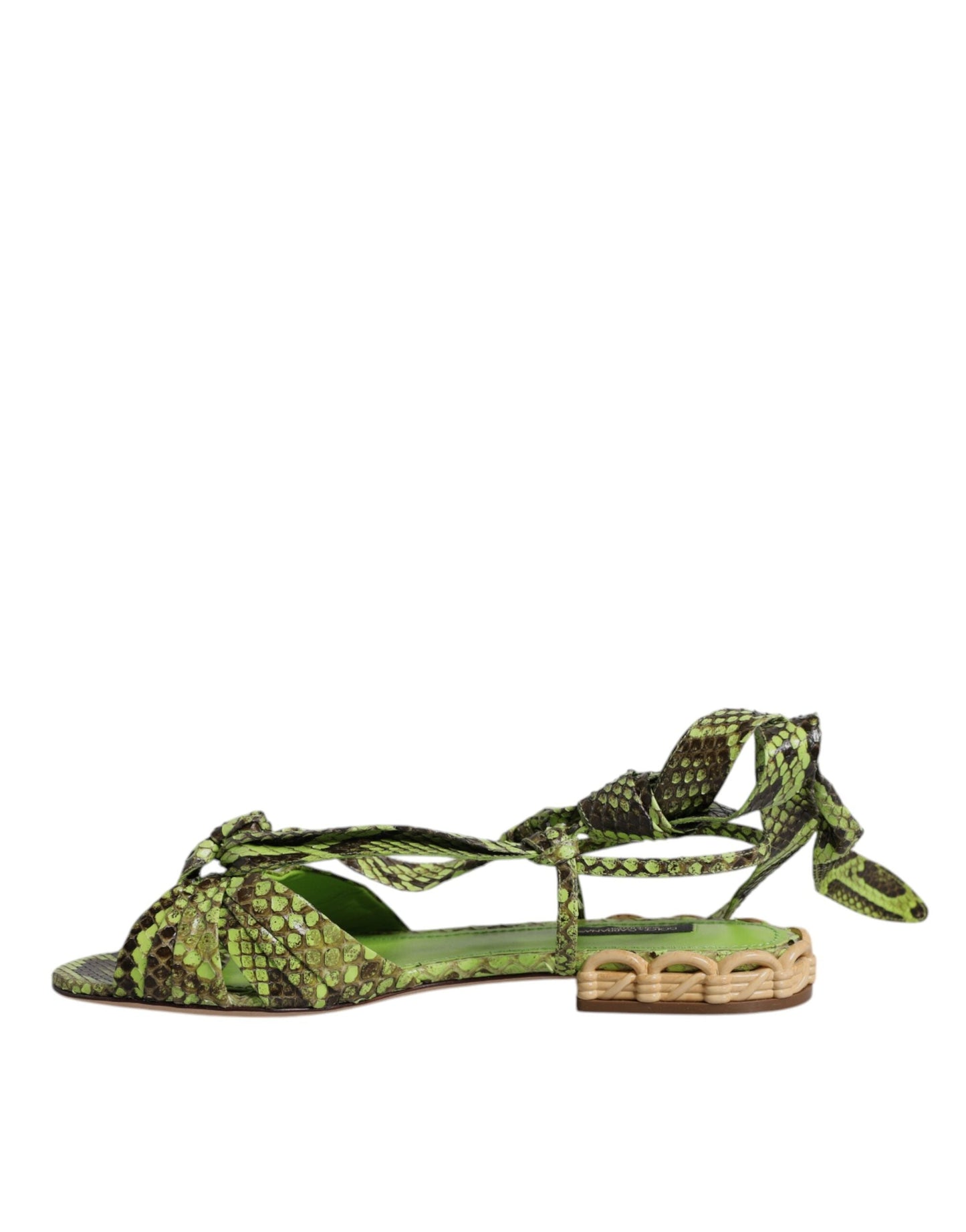 Dolce & Gabbana Green Animal Print Ankle Wrap Sandals Women's Shoes