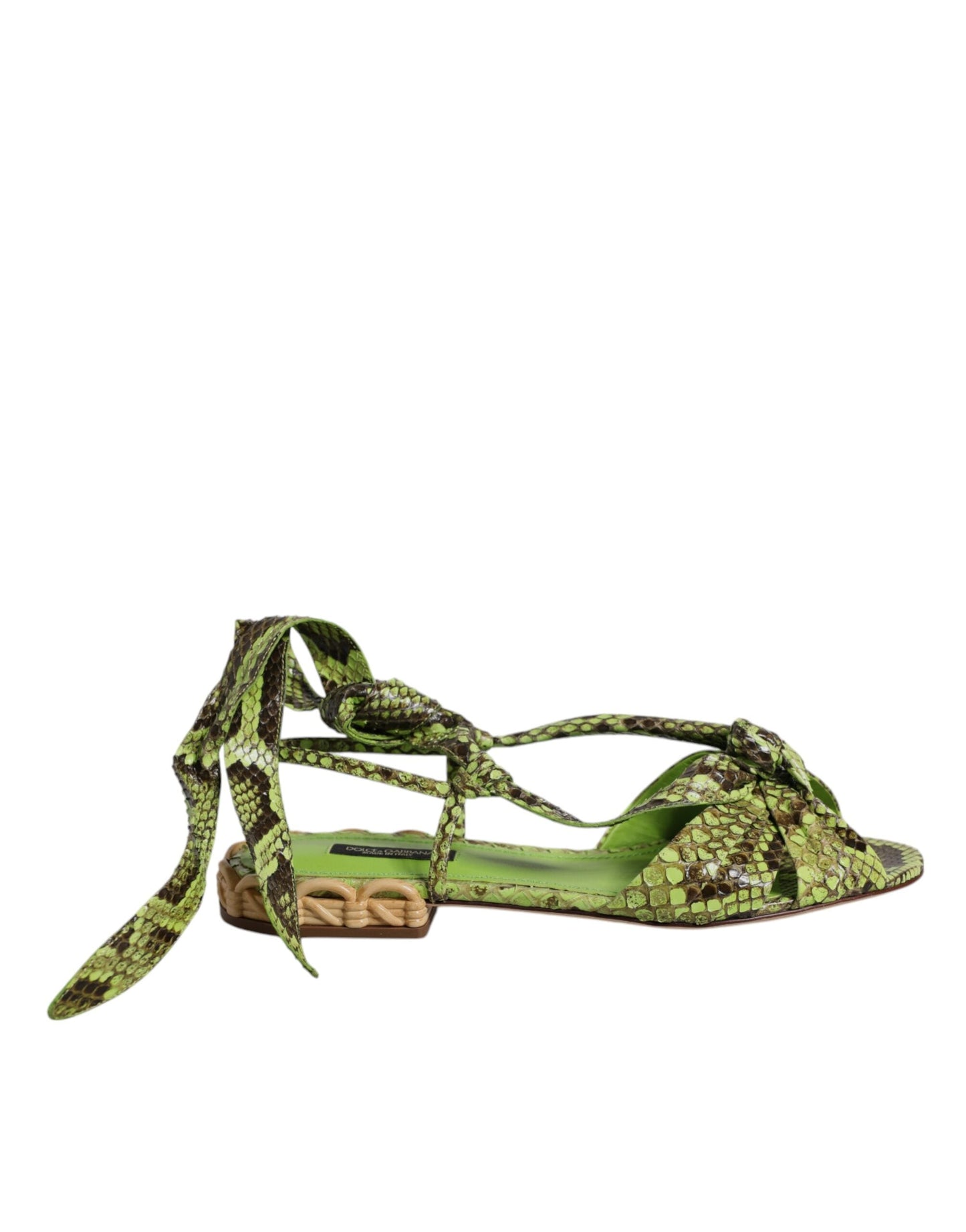 Dolce & Gabbana Green Animal Print Ankle Wrap Sandals Women's Shoes