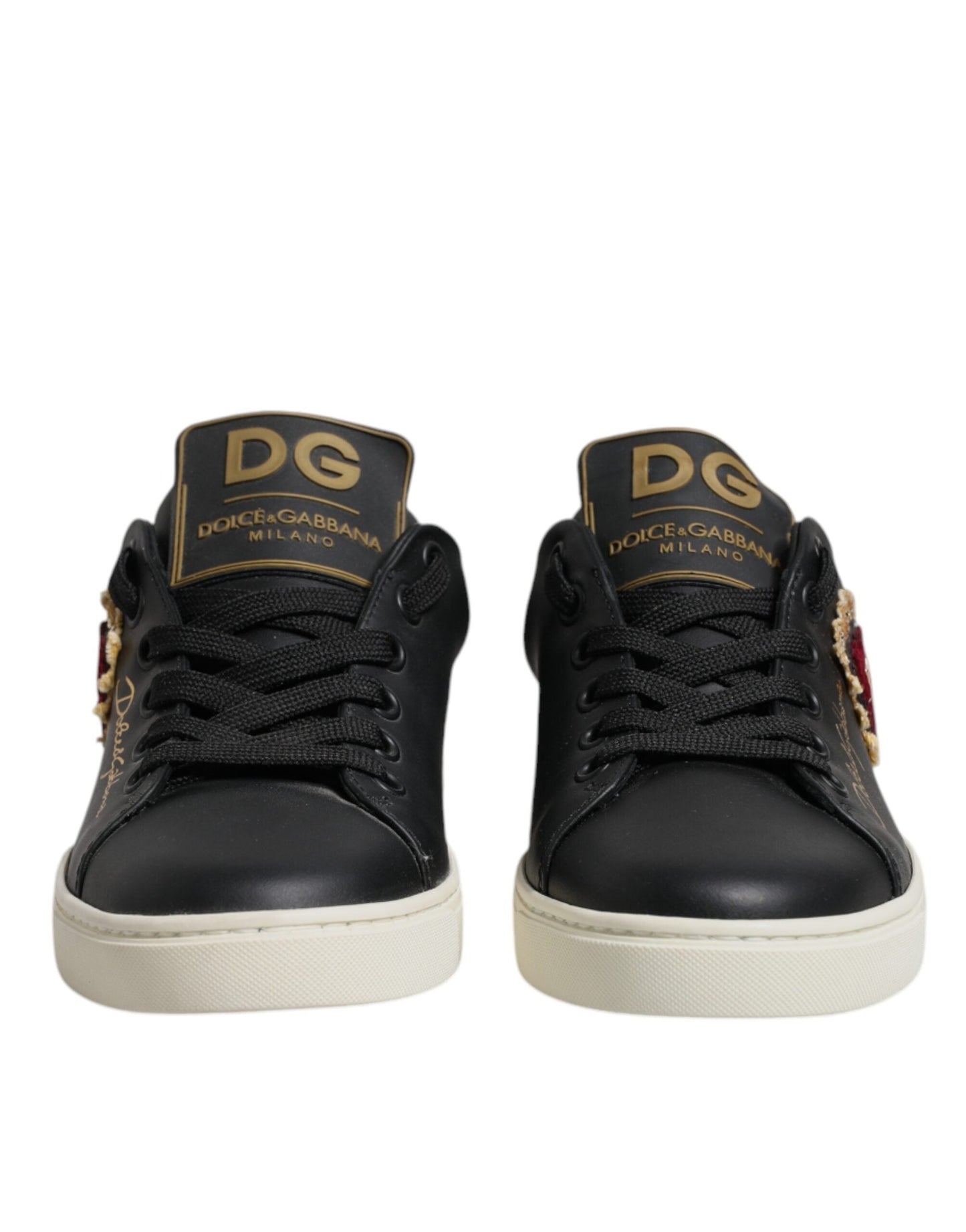 Dolce & Gabbana Black Leather Gold Red Heart Sneakers Women's Shoes