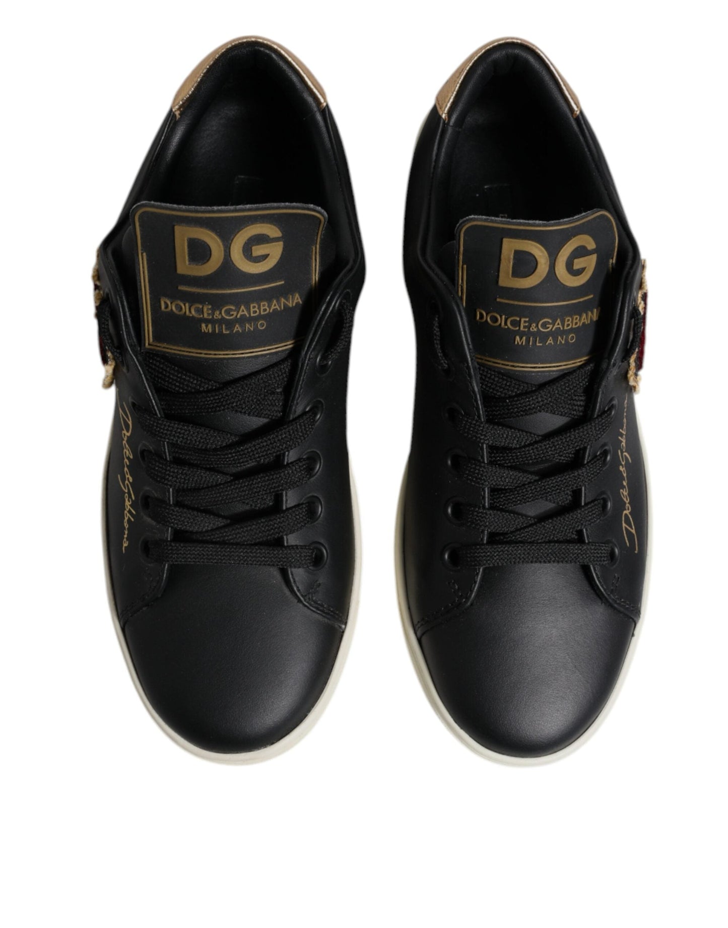 Dolce & Gabbana Black Leather Gold Red Heart Sneakers Women's Shoes