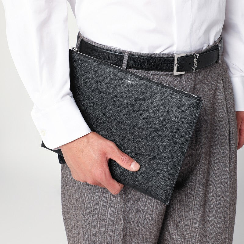 Saint Laurent Tablet Holder In Black Grain De Poudre Leather Men