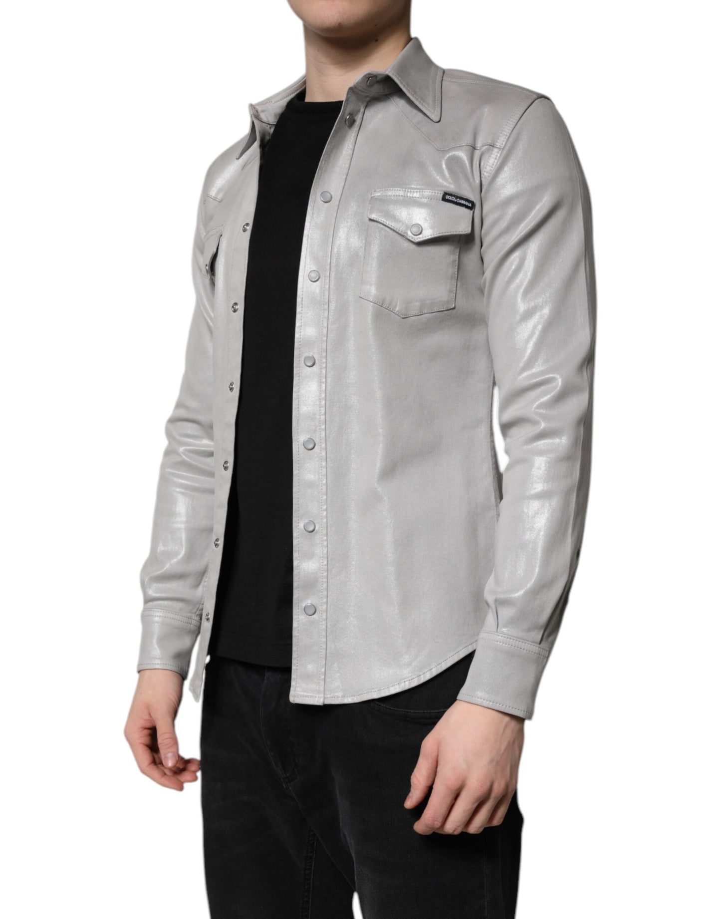 Dolce & Gabbana Metallic Gray Cotton Button Down Men's Shirt