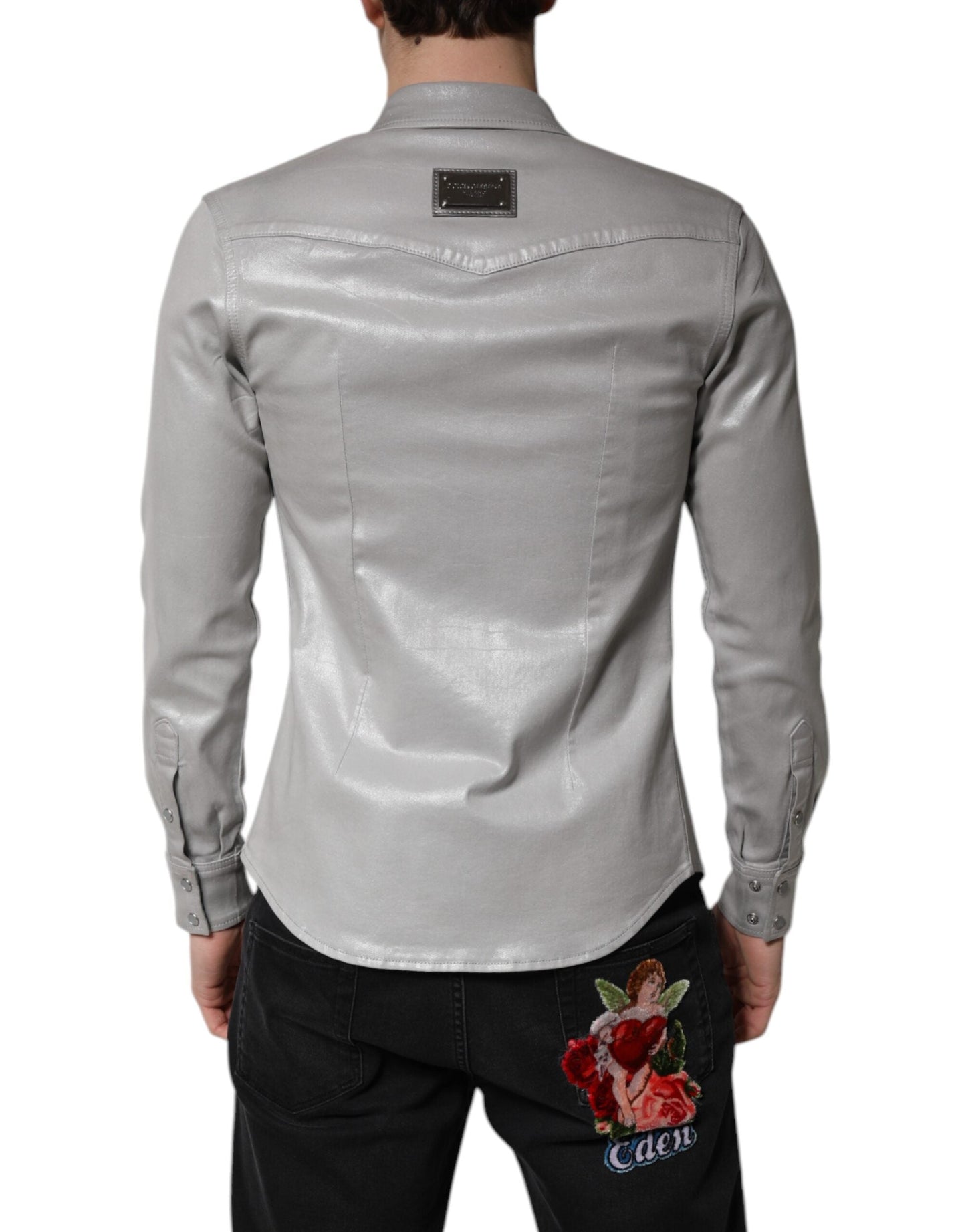 Dolce & Gabbana Metallic Gray Cotton Button Down Men's Shirt