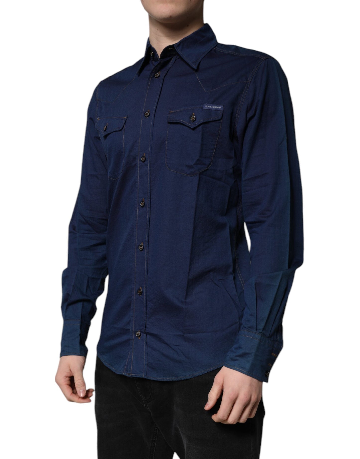 Dolce & Gabbana Dark Blue Cotton GOLD Dress Formal Men's Shirt ()
