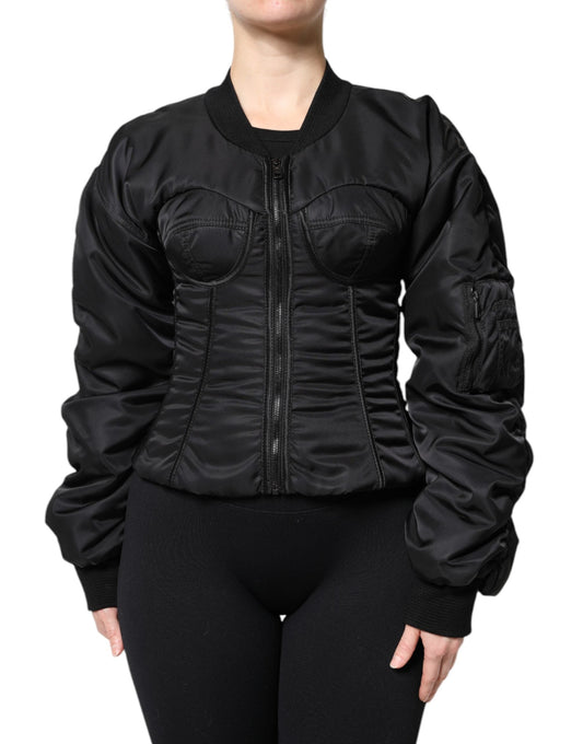 Dolce & Gabbana Black Nylon Full Zip Bustier Corset Women's Jacket