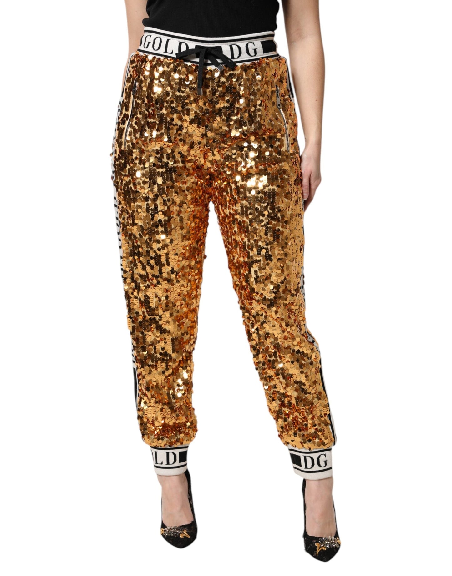 Dolce & Gabbana Metallic Gold DG Logo Sequined Jogger Women's Pants